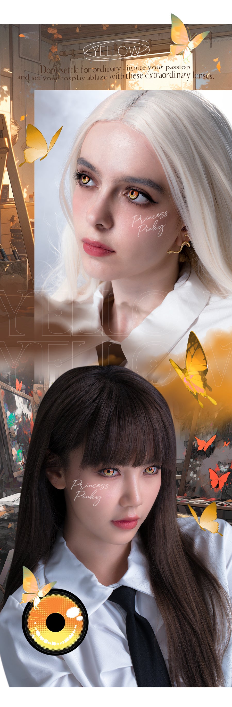 elevate your cosplay game with Princess Pinky Obsidian Yellow colored contacts