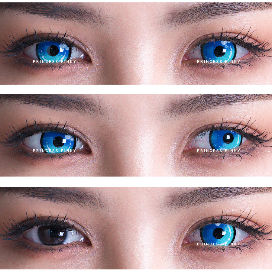 Before and after image showcasing the impact of Princess Pinky Obsidian Blue colored contacts on dark brown eyes