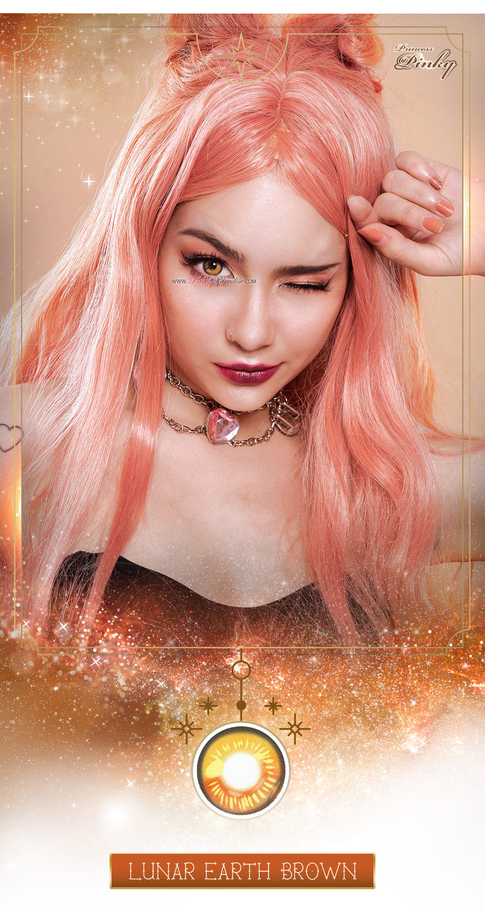 Cosplay Model wearing Princess Pinky Lunar Earth brown anime lenses.
