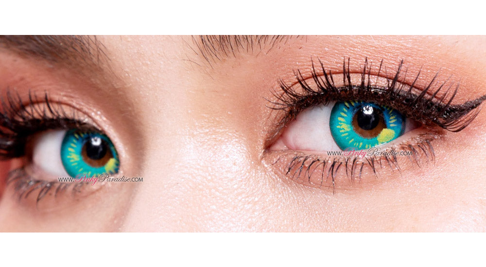 Close up shot of Princess Pinky Lunar Earth green circle lenses for cosplay