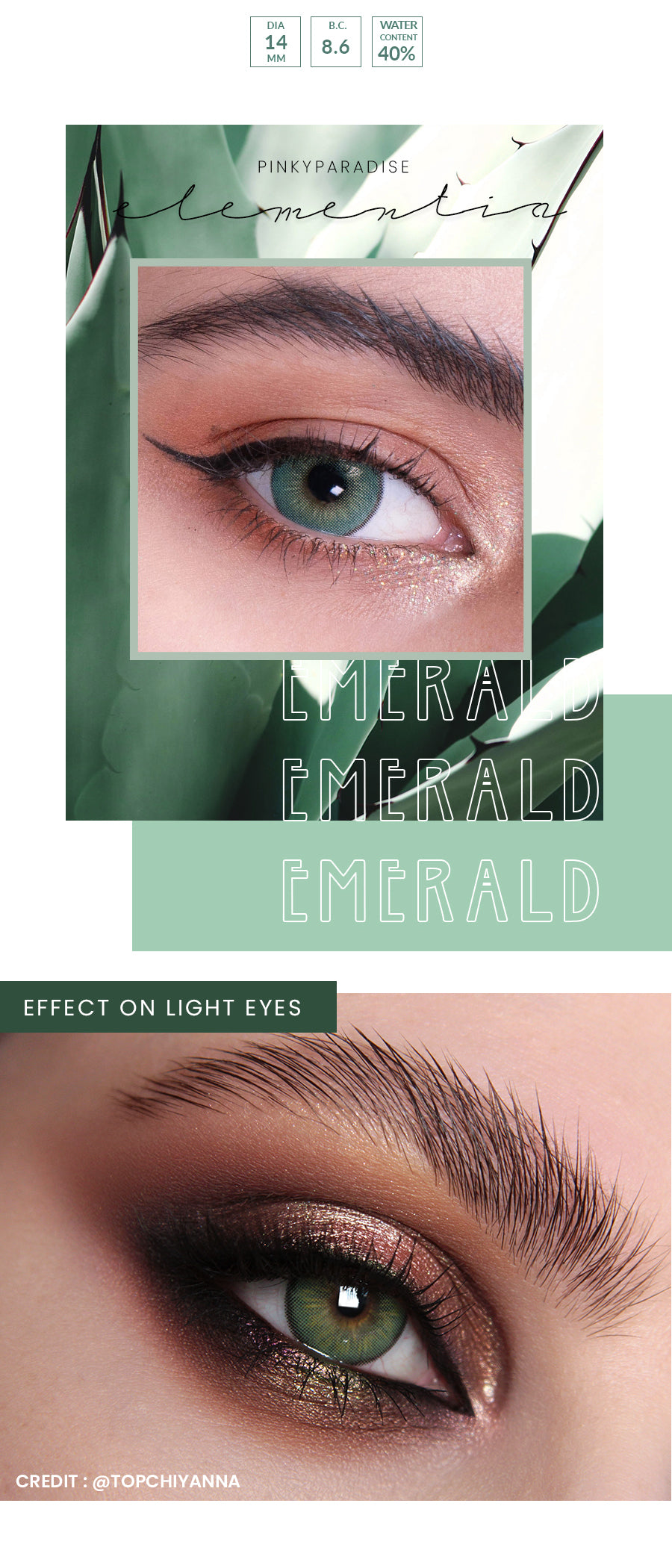 Close up of Princess Pinky Elementia Emerald green colored contact lenses on eyes