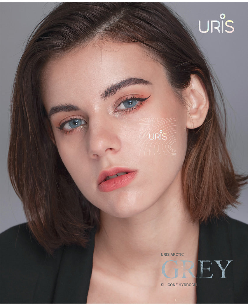 Close up of natural Uris Arctic grey colored contact lenses on eyes