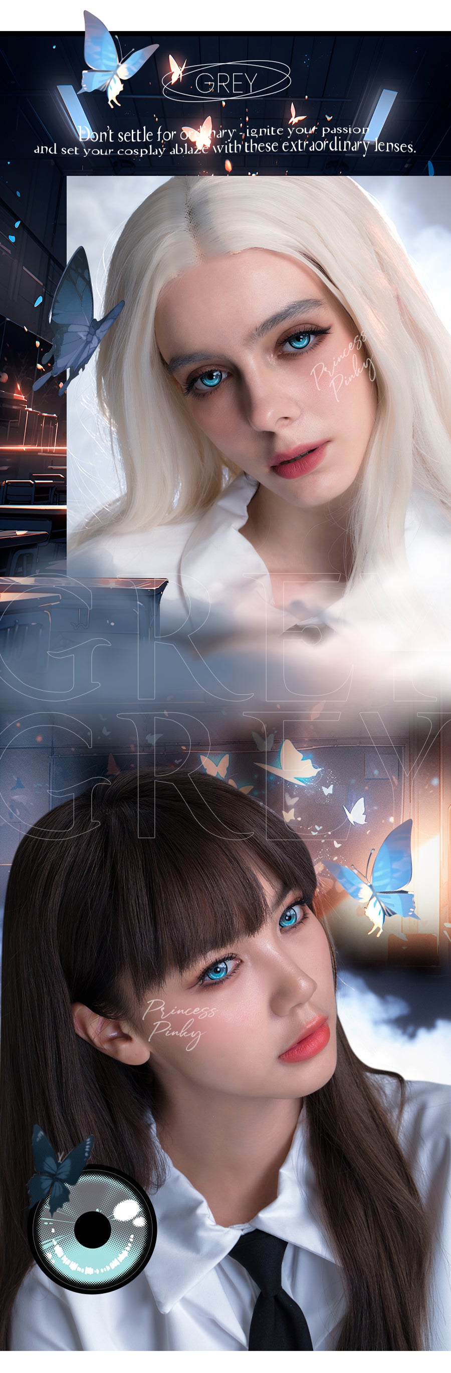 elevate your cosplay game with Princess Pinky Obsidian grey colored contacts