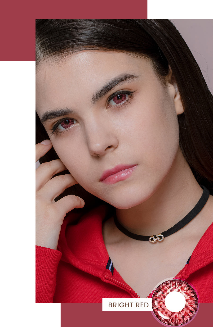 Super series wine colored contact on model