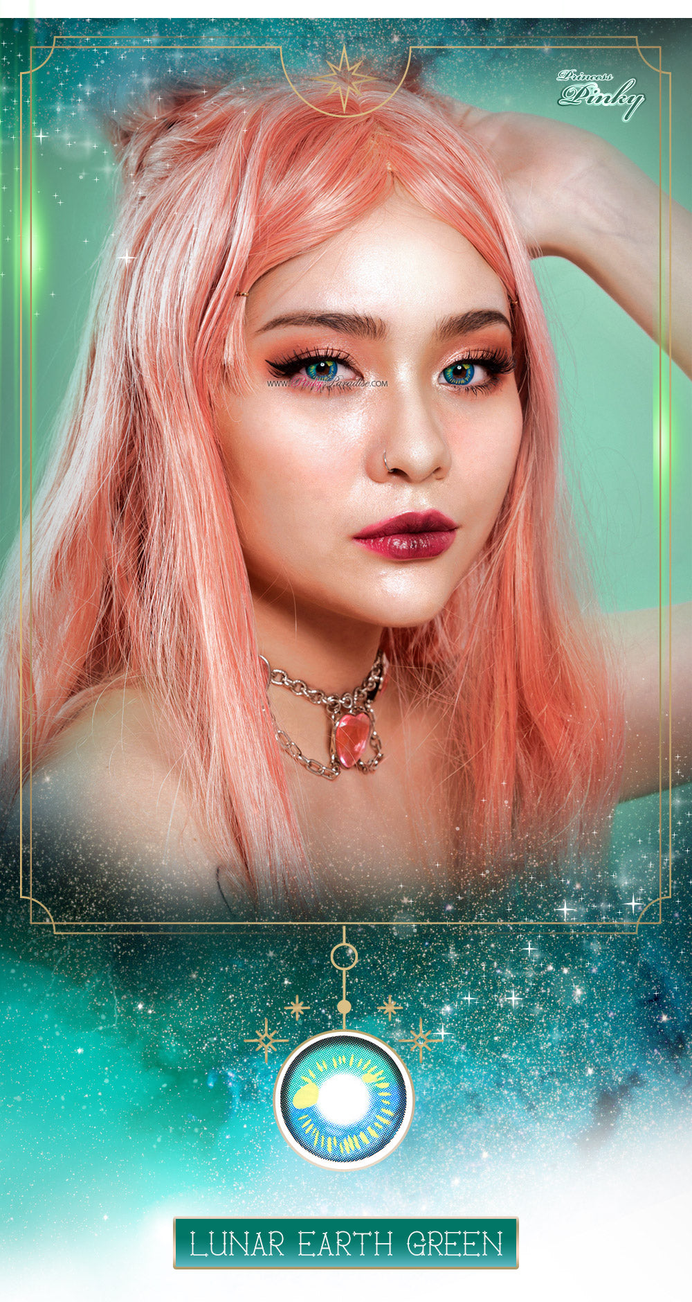 Cosplay Model wearing Princess Pinky Lunar Earth green anime lenses.