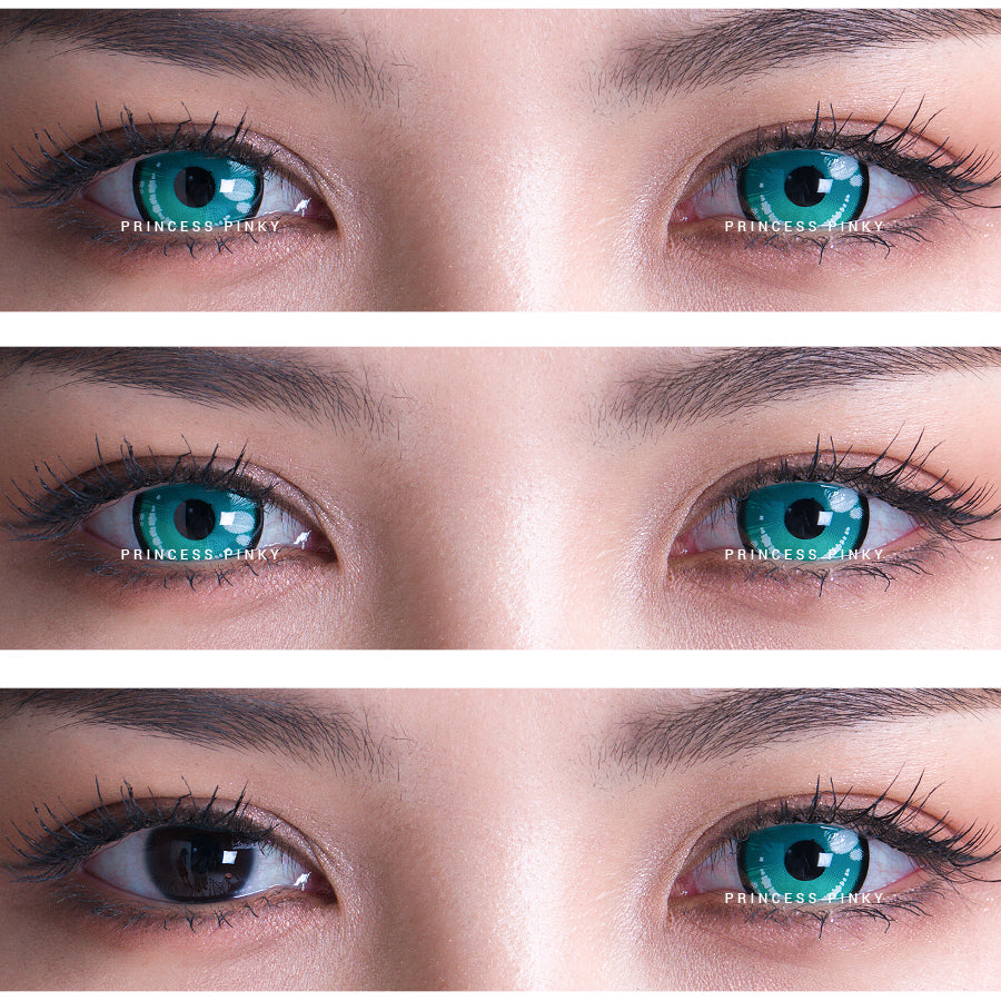 Close-up of eyes before wearing Princess Pinky Obsidian green colored contact lenses
