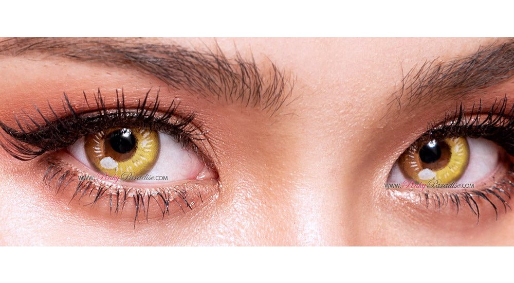 Close up shot of Princess Pinky Lunar Earth yellow circle lenses for cosplay