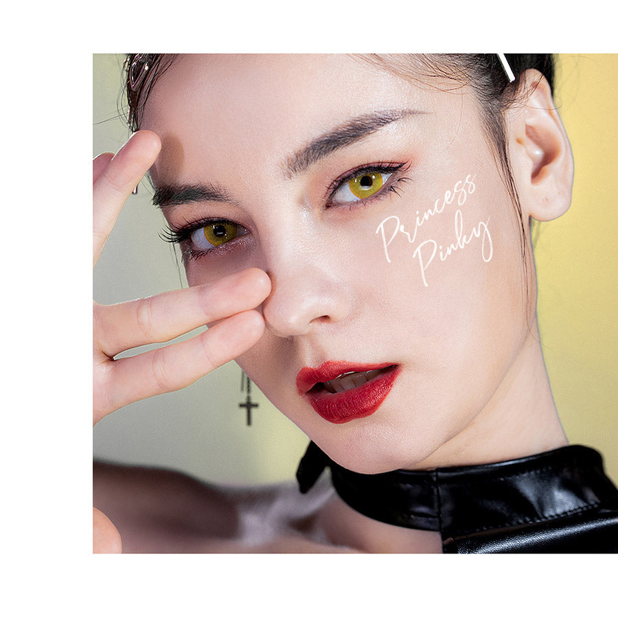 achieve realistic bright yellow eyes with Princess Pinky Persona colored contact lenses
