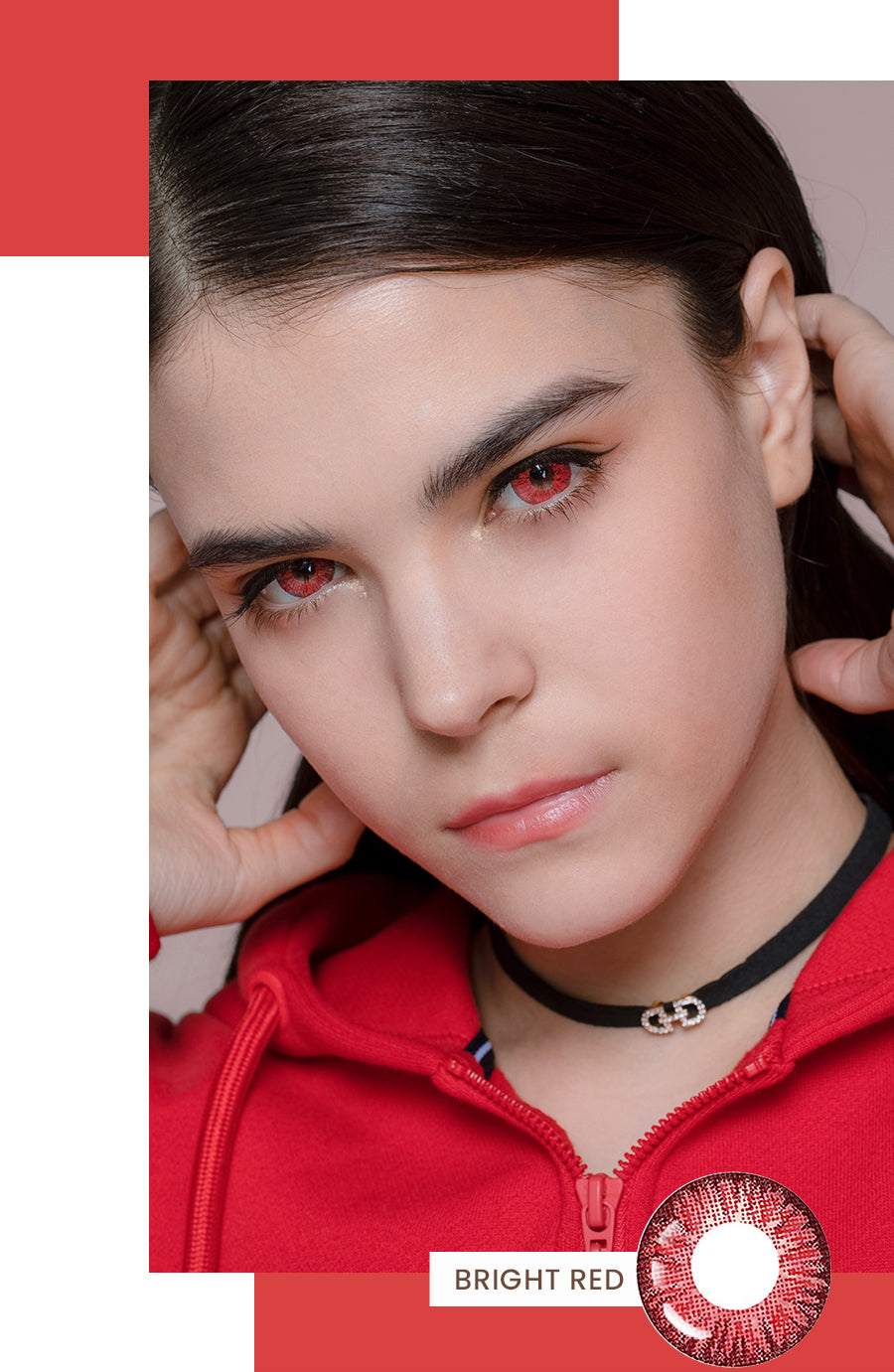 Super Series Bright Red colored contact on model