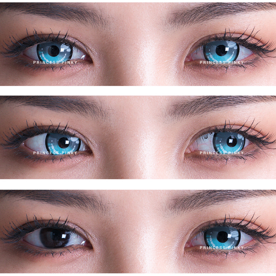 Side-by-side comparison of natural eyes and the captivating effect of Princess Pinky Obsidian grey colored contacts