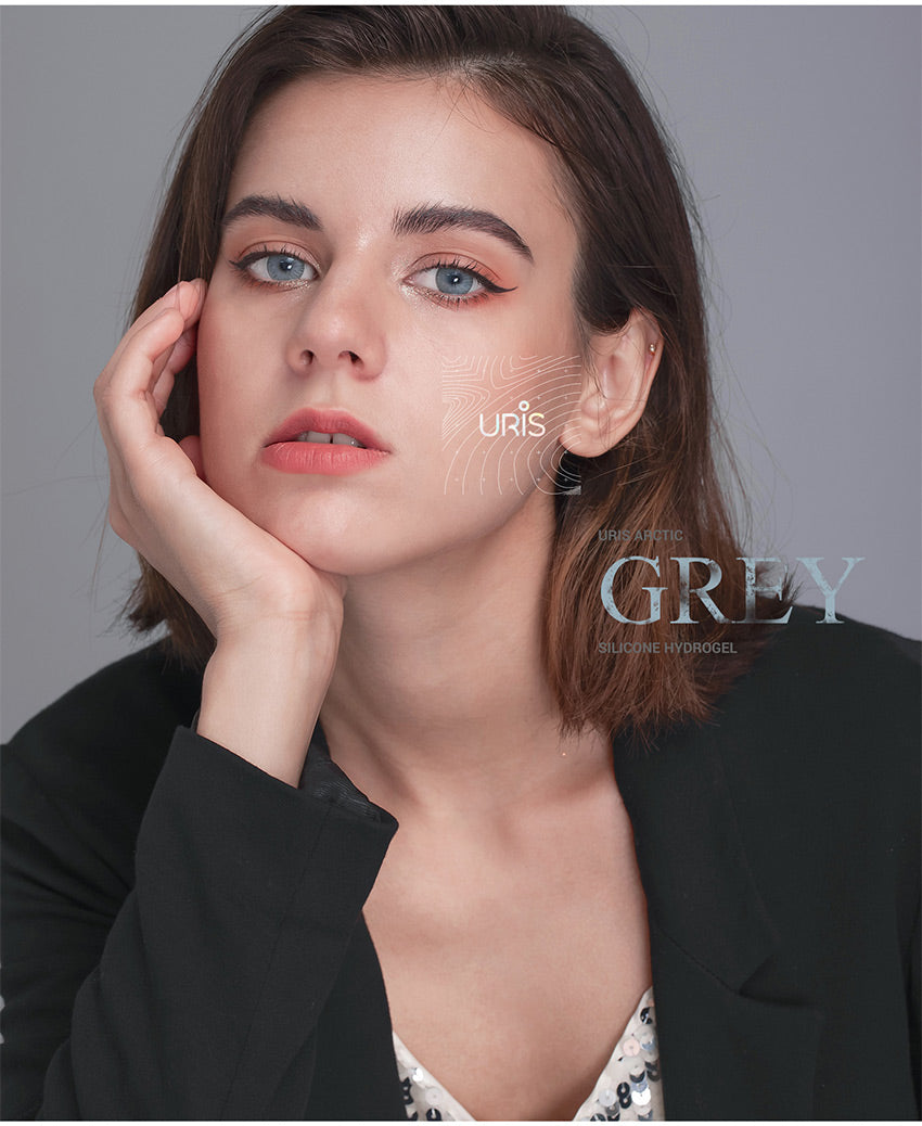 Close up of natural Uris Arctic Blue colored contact lenses on eyes