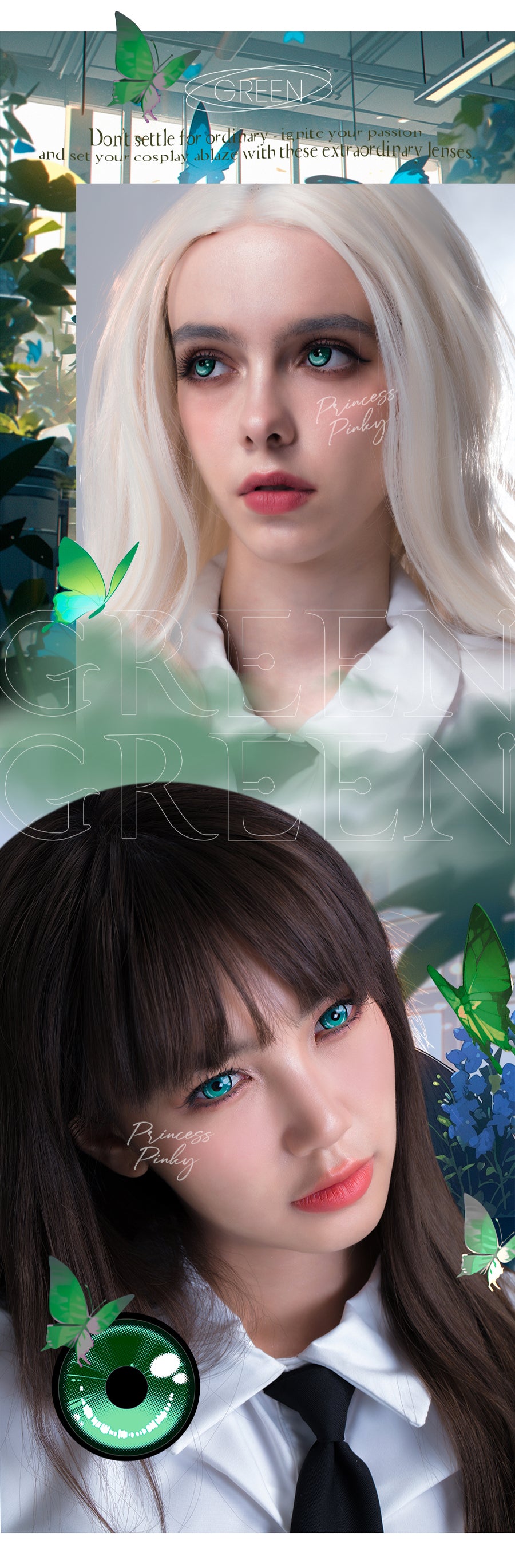 elevate your cosplay game with Princess Pinky Obsidian green colored contacts