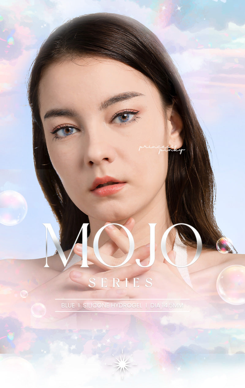 Princess Pinky Mojo Blue Colored Contacts on model eyes