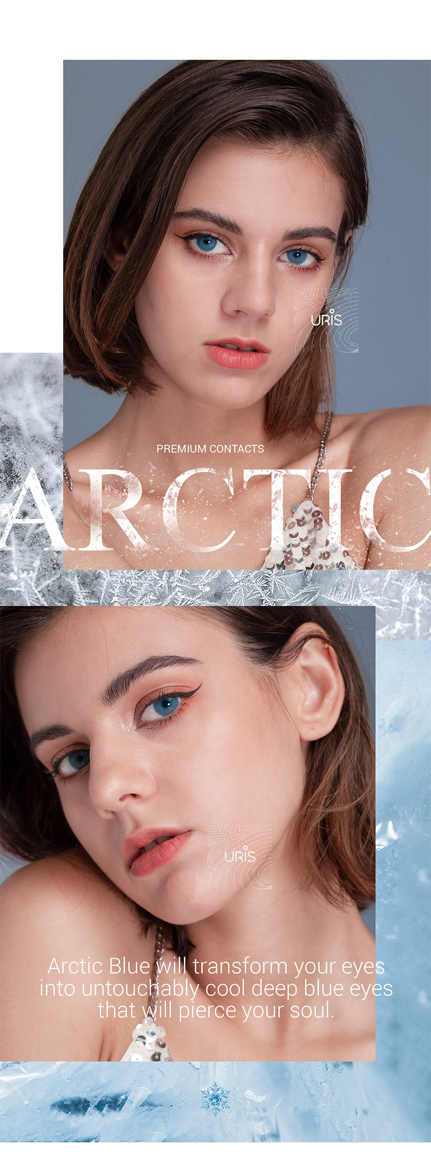 Model wearing Uris Arctic Blue Colored Contacts
