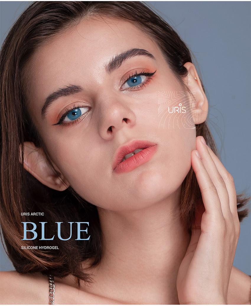 Close up of natural Uris Arctic Blue colored contact lenses on eyes