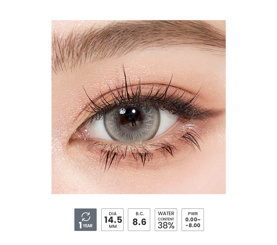 Close-up of Papillon Grey contact lenses in gray milk tea shade for makeup and cosplay
