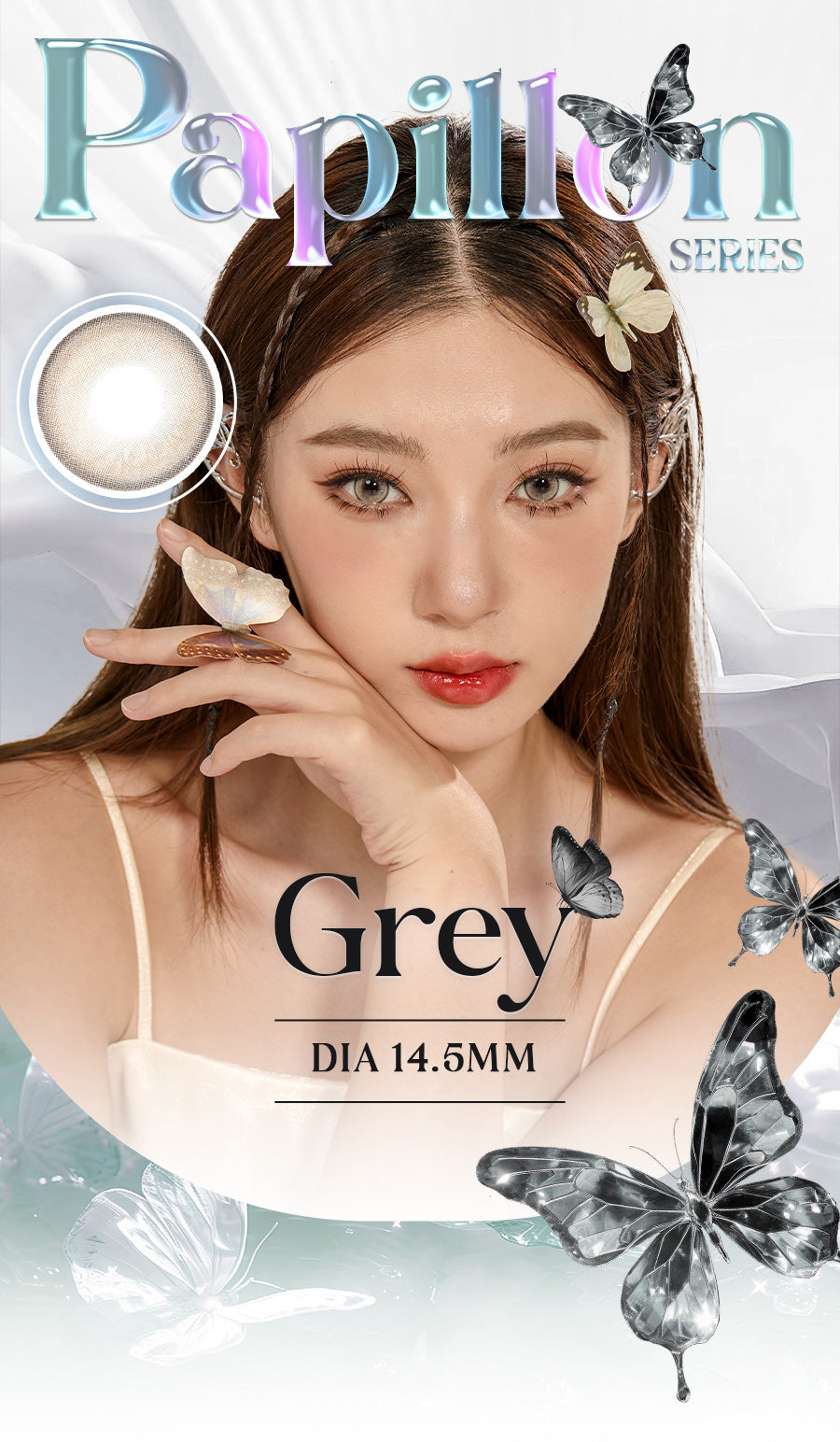 Get bright warm grey eyes with taupe Douyin style Papillon Grey Colored Contacts