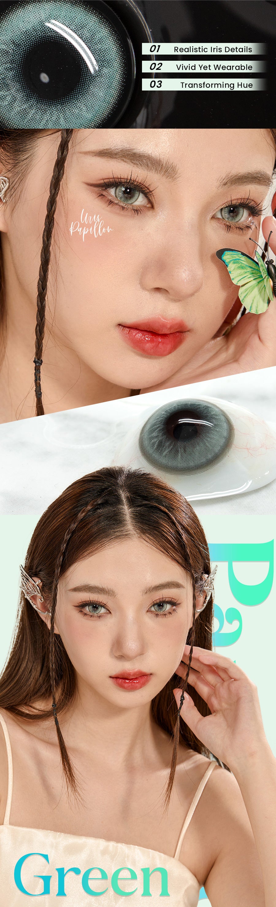 Stylish cool green Papillon lenses, designed for a modern aesthetic that enhances eye definition and beauty