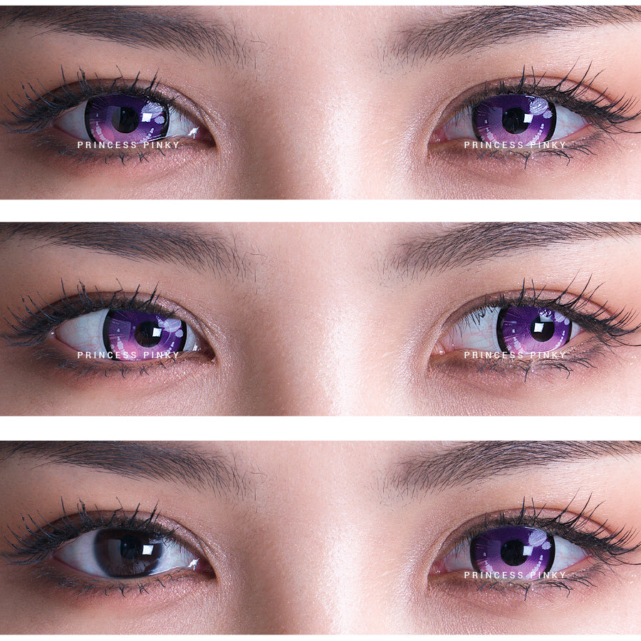 Before and after image showcasing the impact of Princess Pinky Obsidian Violet colored contacts on dark brown eyes