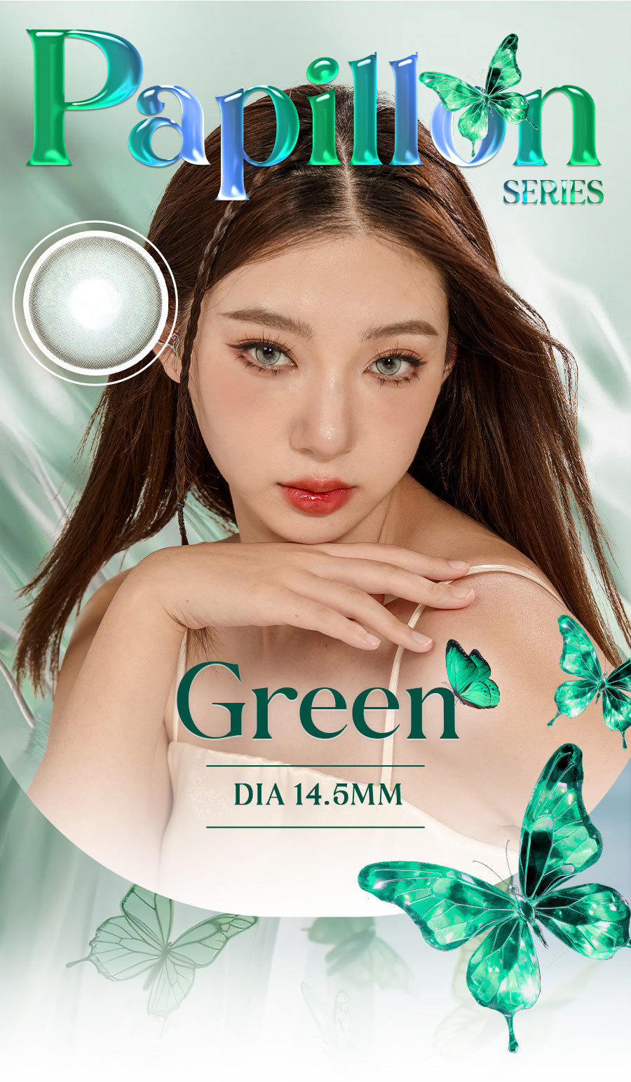 Get captivating green eyes with deep lush green Douyin style Papillon green colored contacts