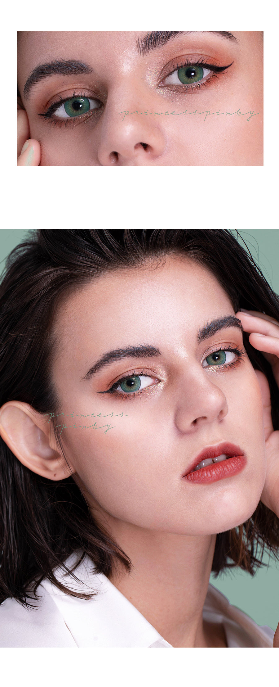 Close-up of Model wearing Princess Pinky Elementia Emerald green contacts