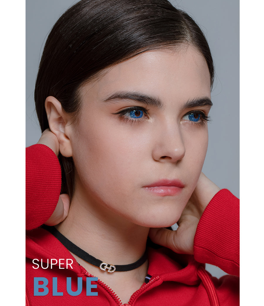 Super Blue colored contact on model