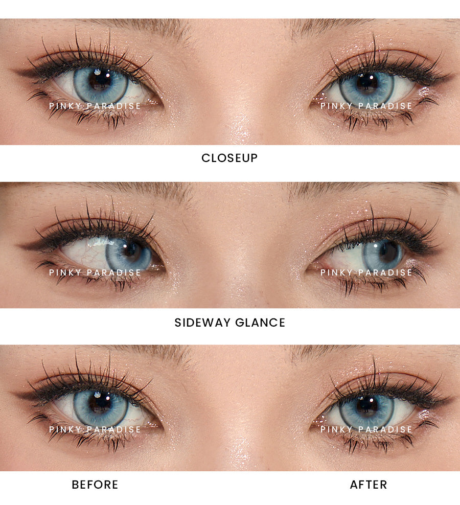 Icy blue Papillon eye contacts, featuring vivid color and natural blending for striking eye enhancement in makeup and cosplay
