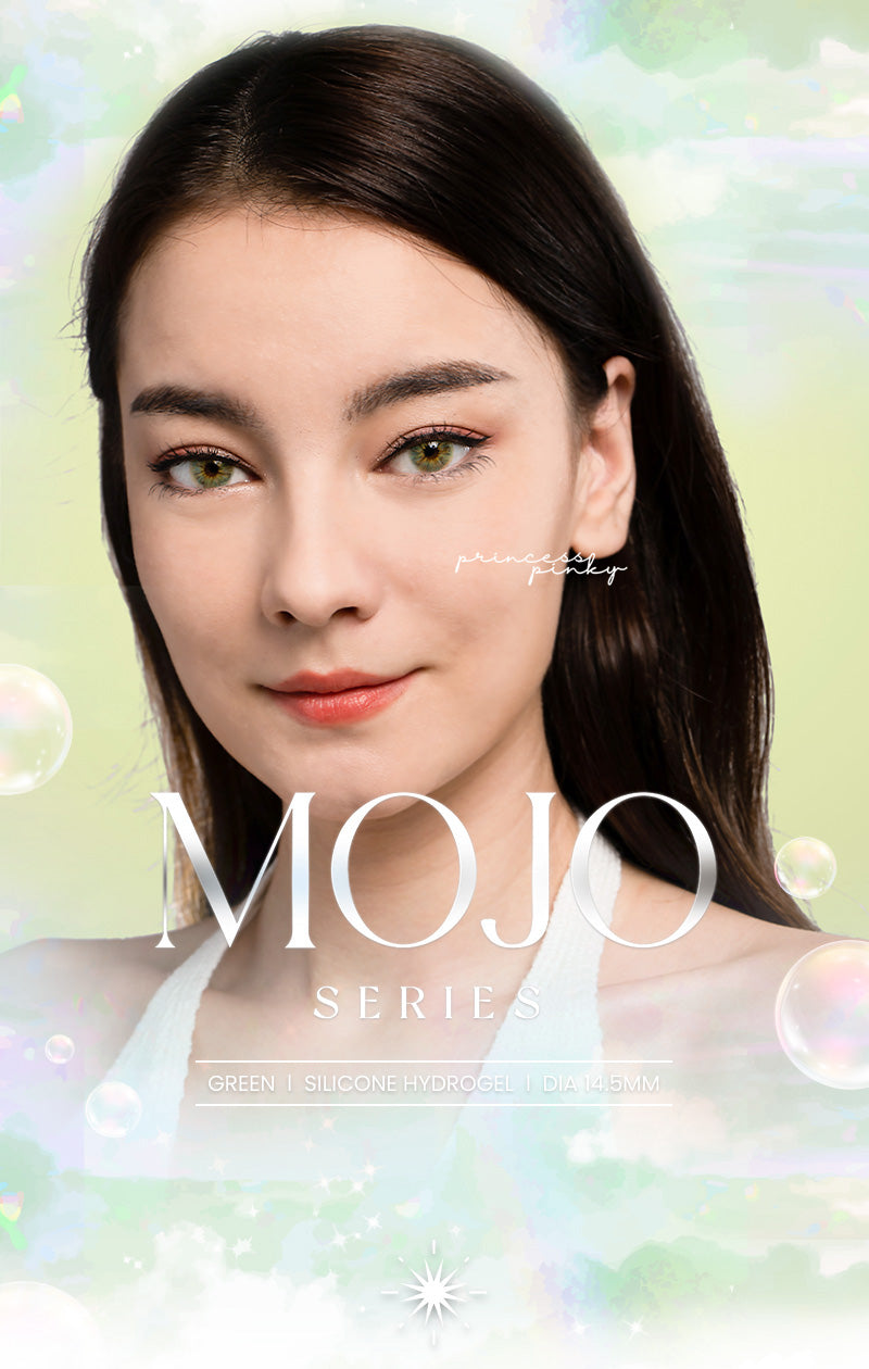 Princess Pinky Mojo Green Colored Contacts on model eyes