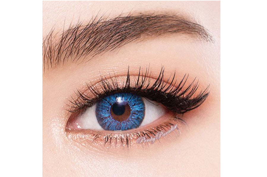 Super Blue colored contact close up