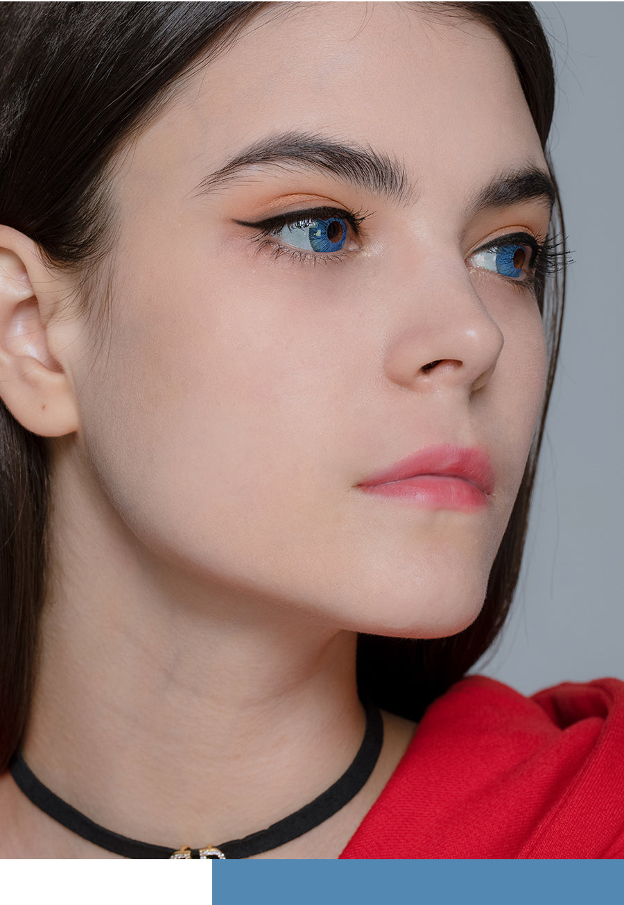 Super Blue colored contact on model from side look