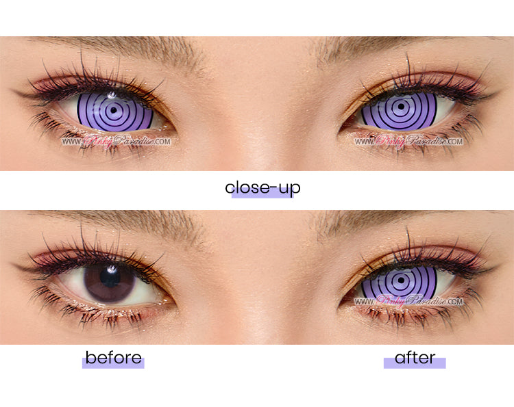 wearing effect of violet Rinnegan mini sclera contact lenses, perfect for NRT cosplay.