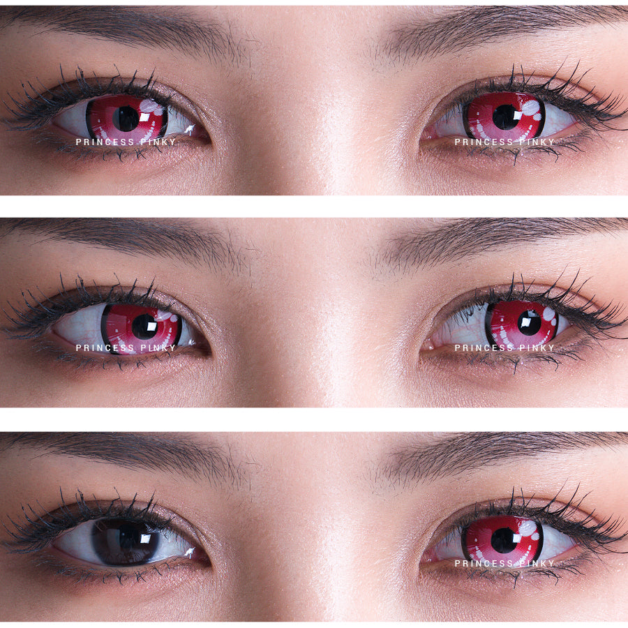 Side-by-side comparison of natural eyes and the effect of Princess Pinky Obsidian red colored contacts