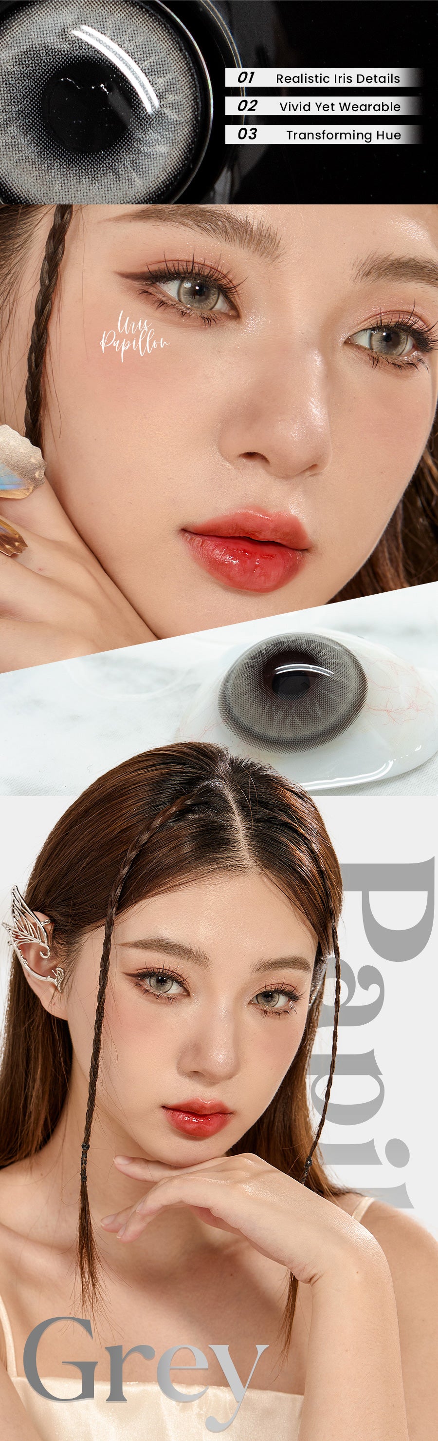 wearable Papillon Grey Douyin Style Colored Contact Lenses with natural iris detailing for a natural realistic effect