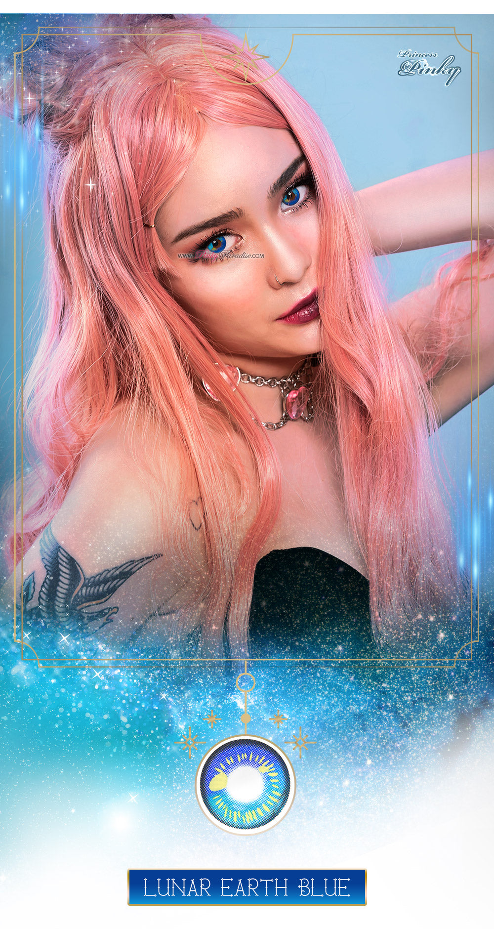 Cosplay Model wearing Princess Pinky Lunar Earth Blue anime lenses.