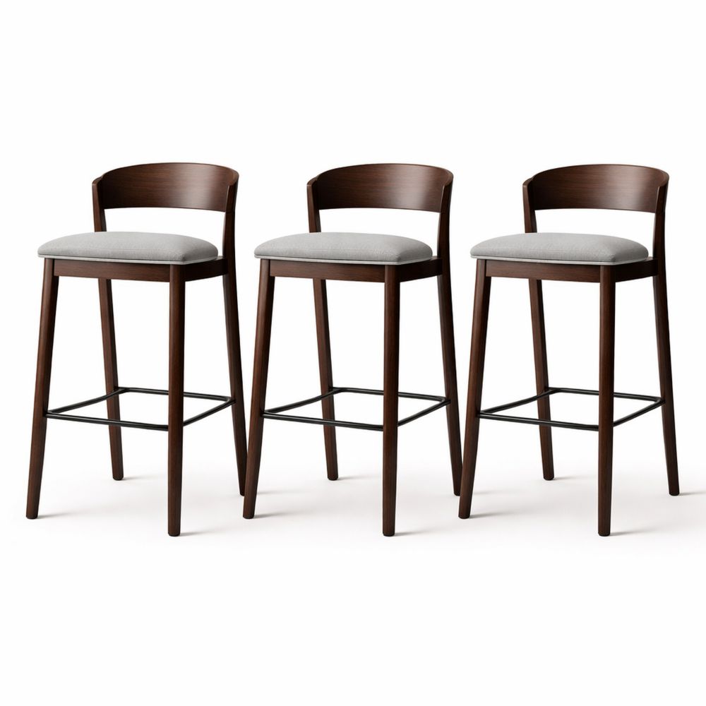 Set of 3 Dark Brown Wood Bar Stools with Light Gray Fabric Seats-Dravimorax