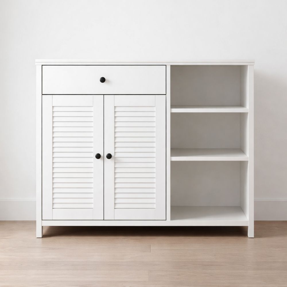 White wooden cabinet with doors and shelves-Dravimorax