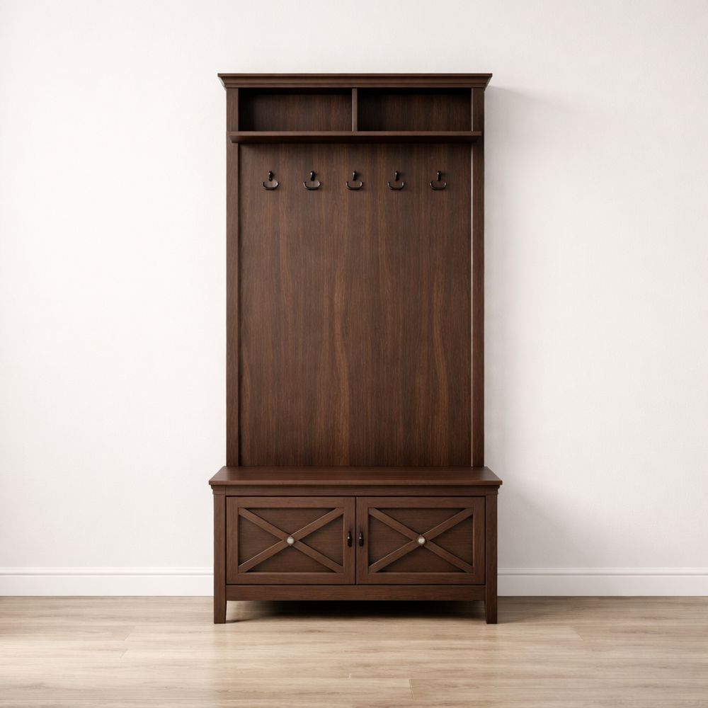 Wood Hall Tree with Storage Bench and Metal Hooks in Brown-Dravimorax