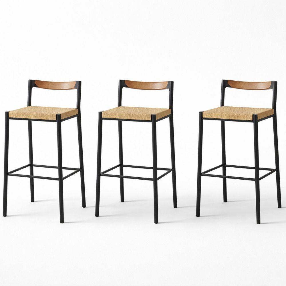 Set of 3 Black Metal and Wood Bar Stools with Woven Seats-Dravimorax