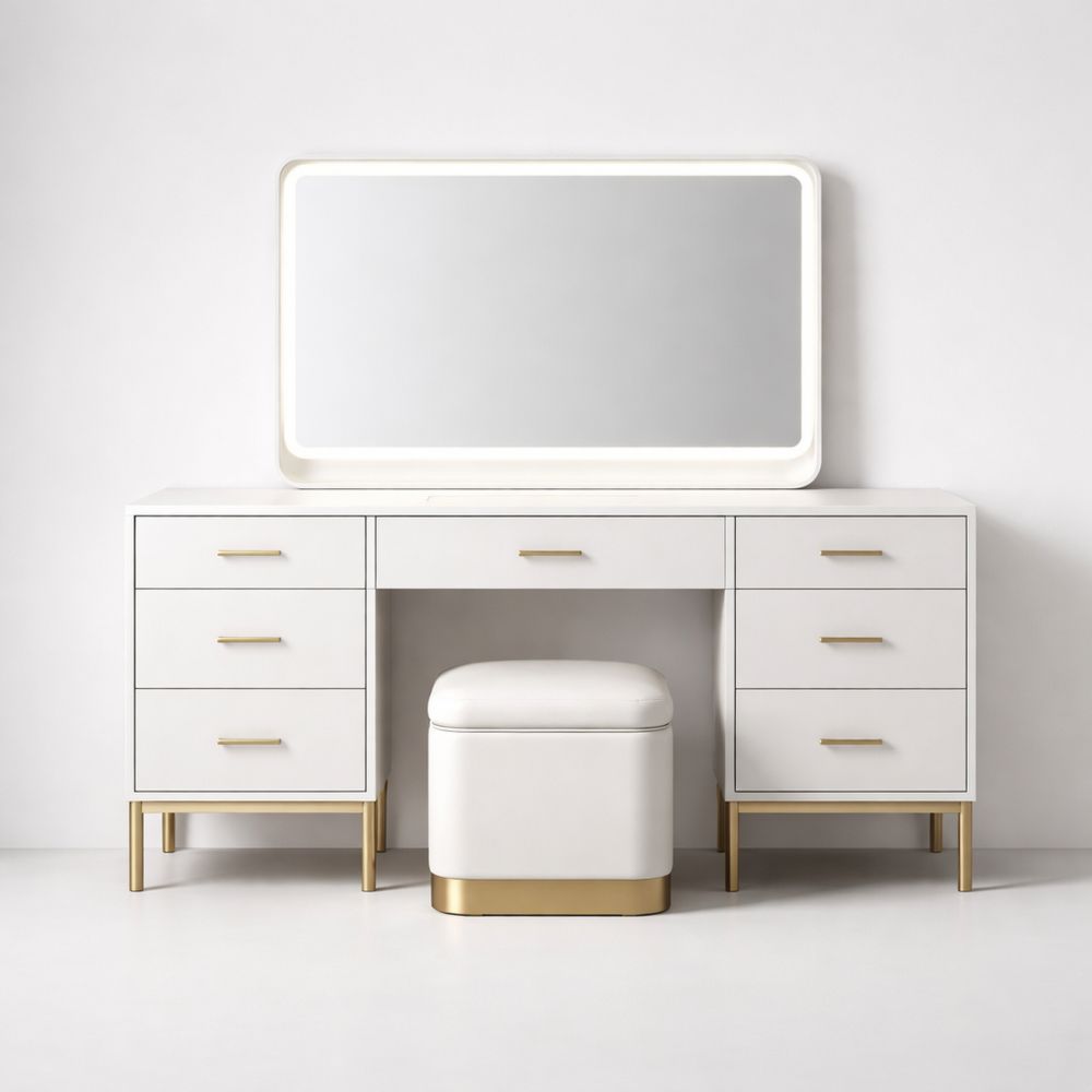 White Vanity Desk Set with Mirror and Stool with Brass Legs-Dravimorax