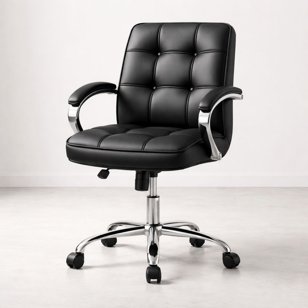 Black Faux Leather Office Chair with Chrome Base and Adjustable Height-Dravimorax