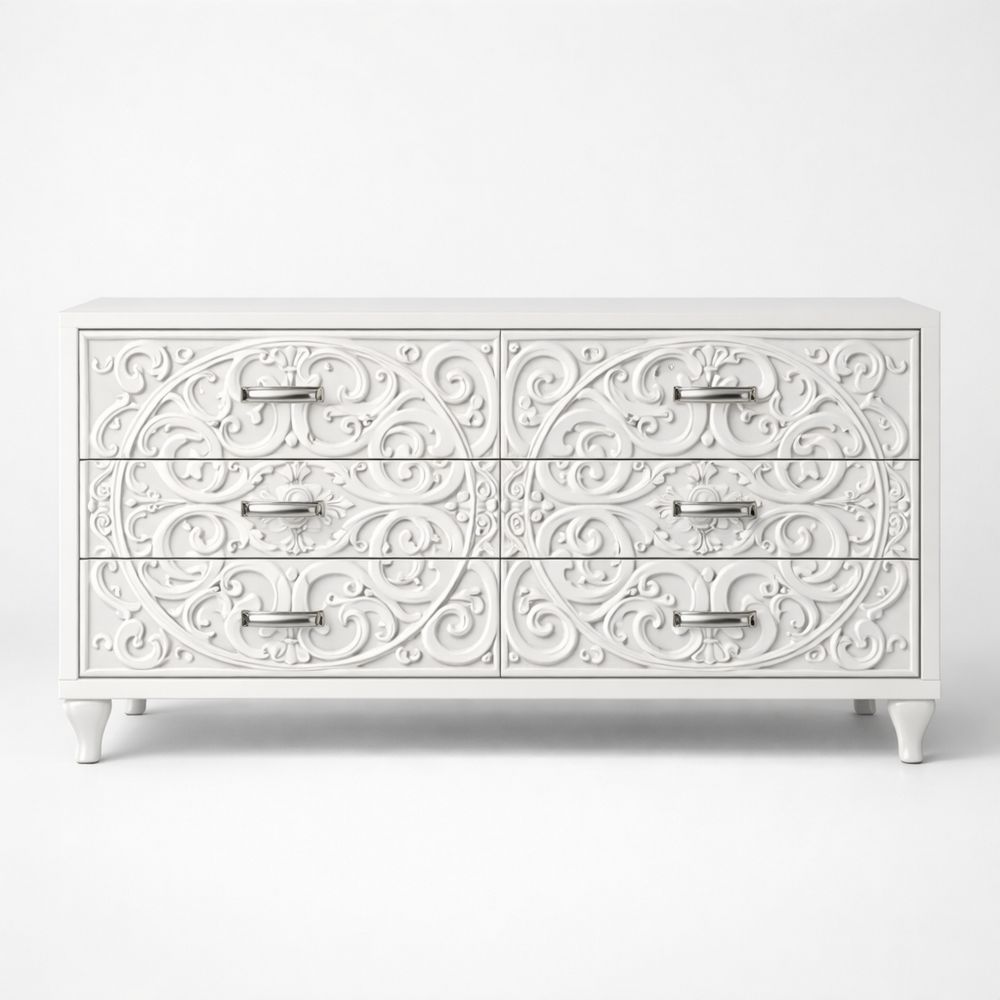 White MDF Carved 6-Drawer Dresser-Dravimorax