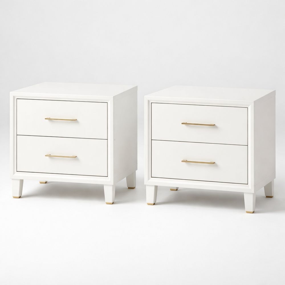 Set of 2 White Wood Nightstands with Drawers and Gold Handles-Dravimorax