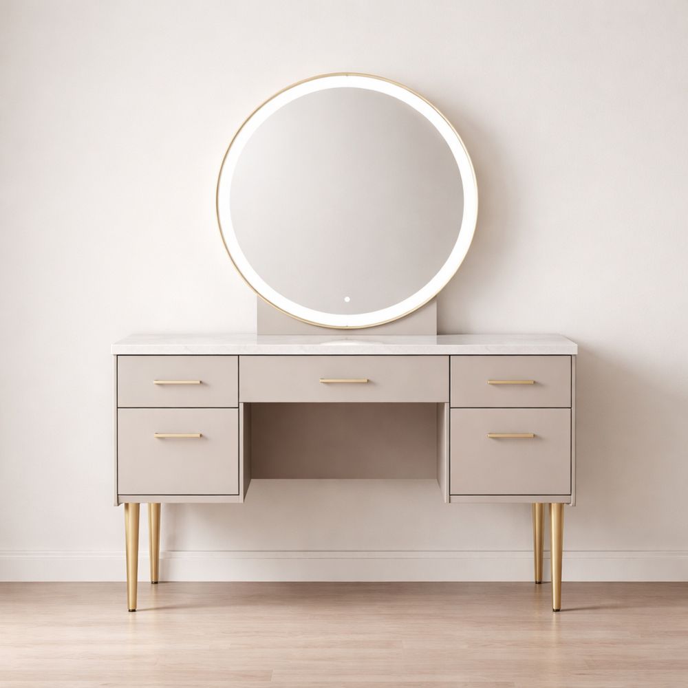 Light Beige MDF Vanity Table with LED Mirror and Steel Legs-Dravimorax
