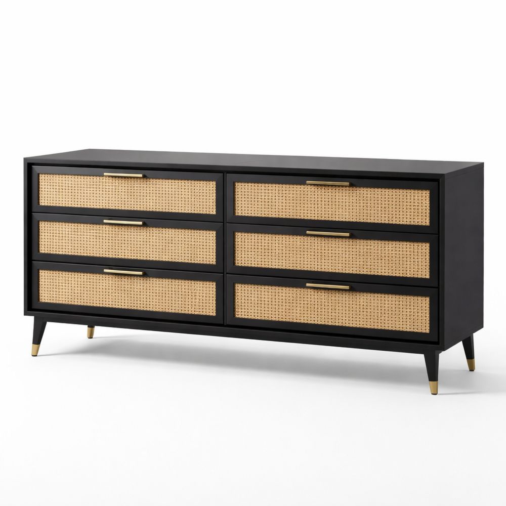 Black wood and rattan six-drawer cabinet with brass handles, 152 cm x 45 cm x 75 cm-Dravimorax