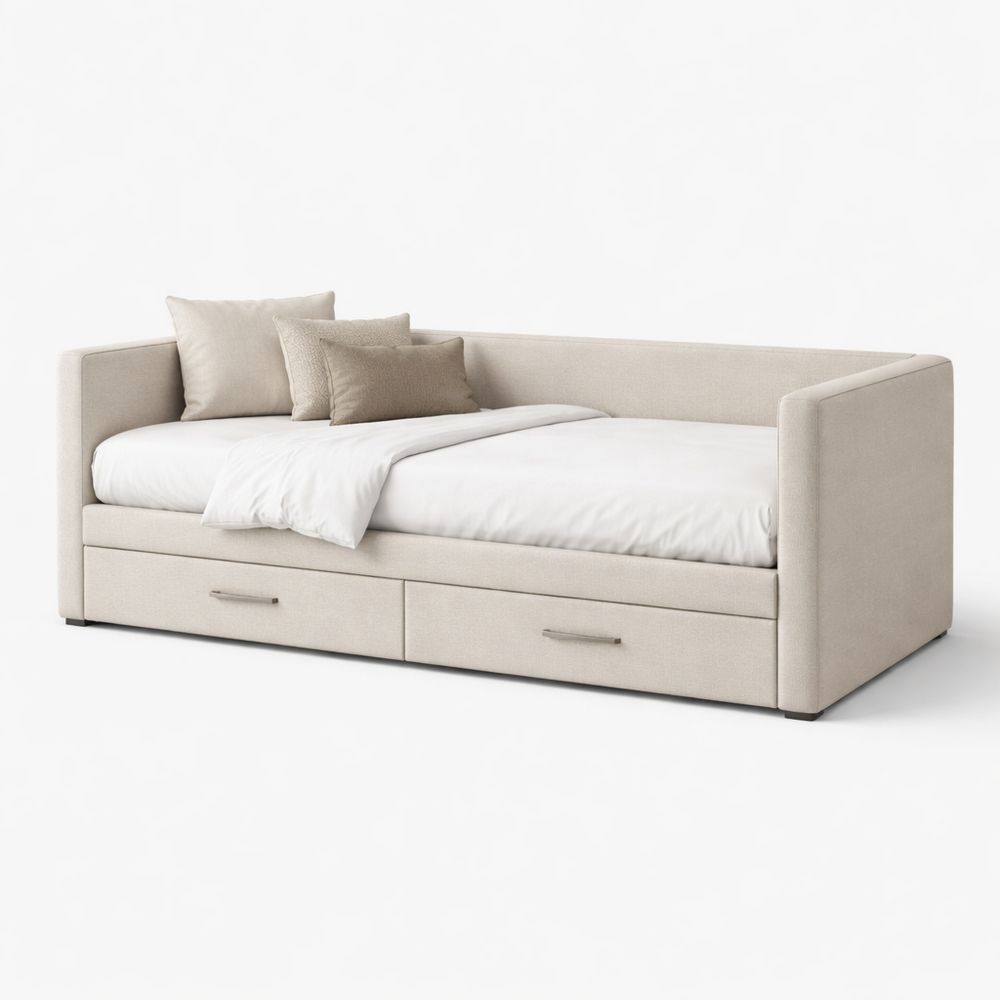 Beige Fabric Upholstered Daybed with Drawers and Cushions-Dravimorax