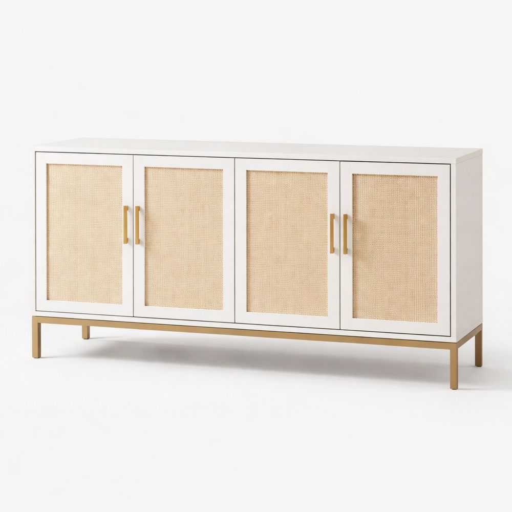 White Wood and Cane 4-Door Sideboard-Dravimorax