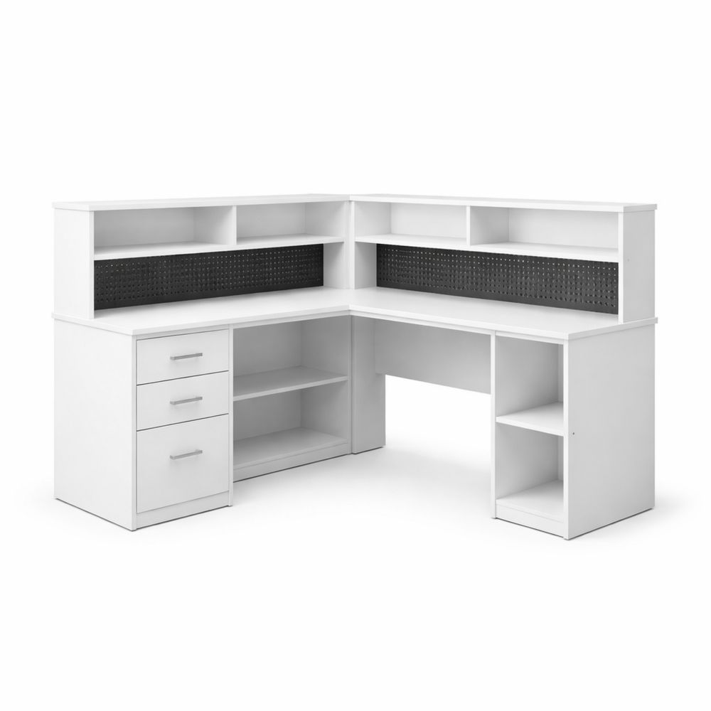 L-Shaped White MDF Corner Desk with Shelves and Drawers-Dravimorax