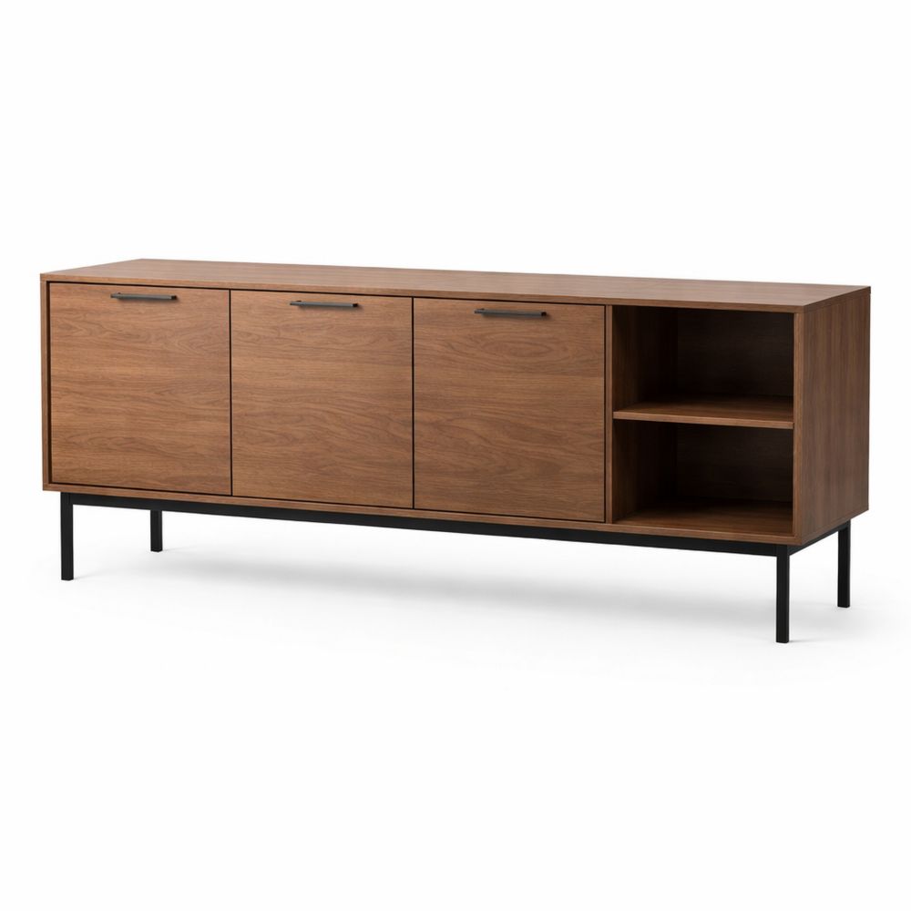 Walnut Wood Sideboard with Black Metal Legs 3-Door Storage Cabinet-Dravimorax