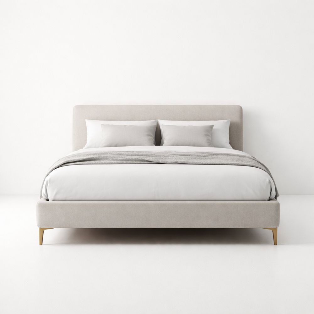 Beige Upholstered Bed with Solid Wood Legs-Dravimorax