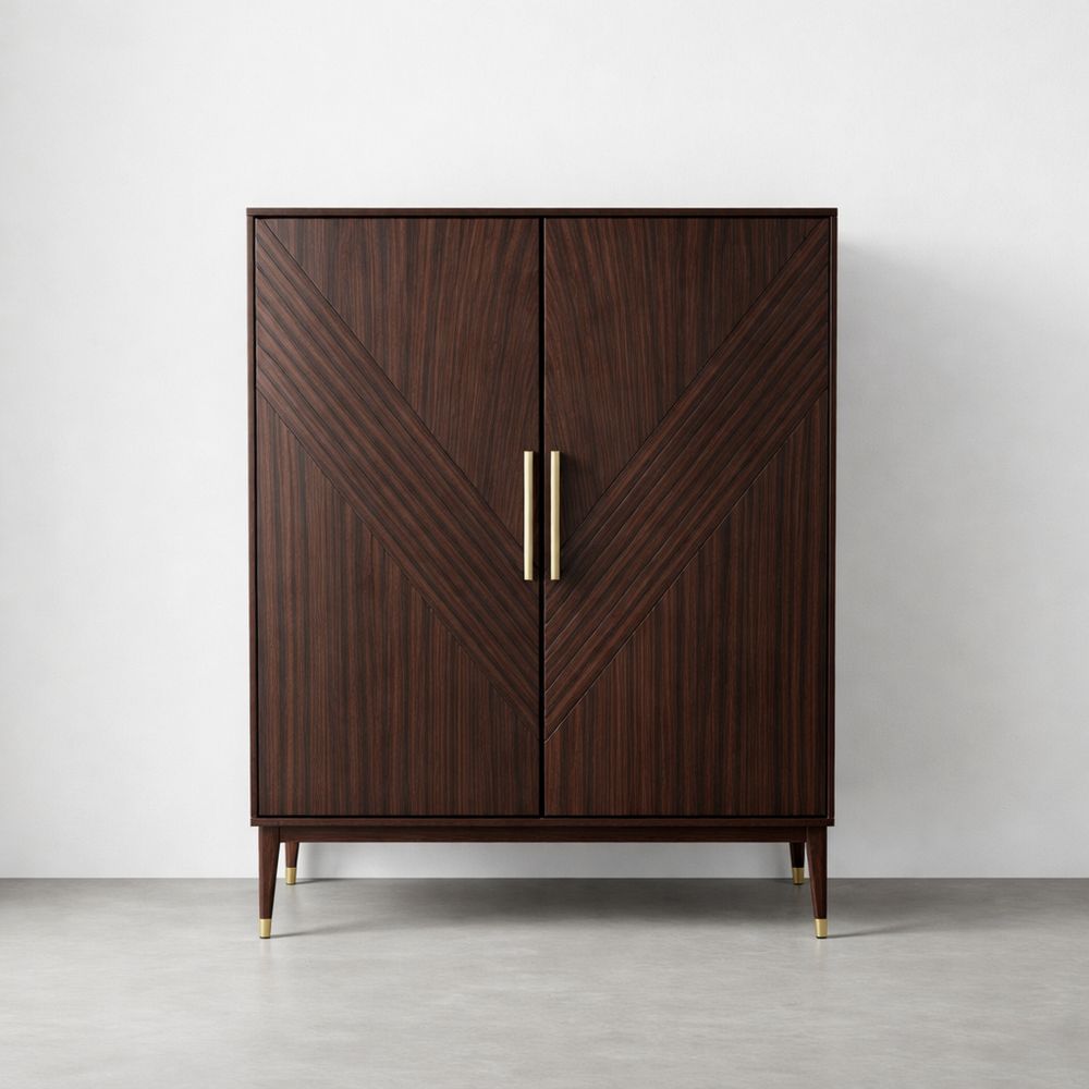 Wooden Storage Cabinet with Chevron Pattern and Brass Handles-Dravimorax